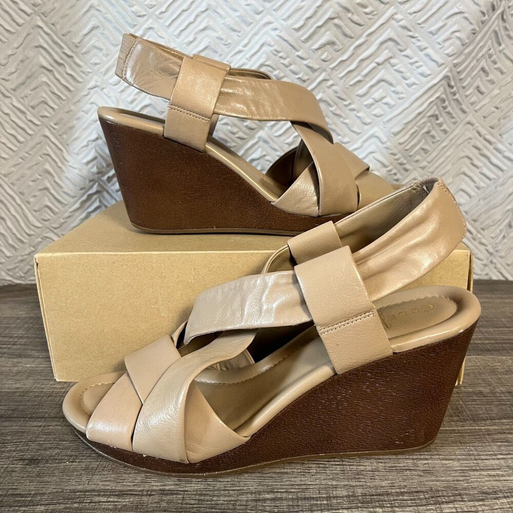 Cole Haan Air Dinah Wedge Sandals Size 8B  Cove Nappa Tan D37477 Collab Heels